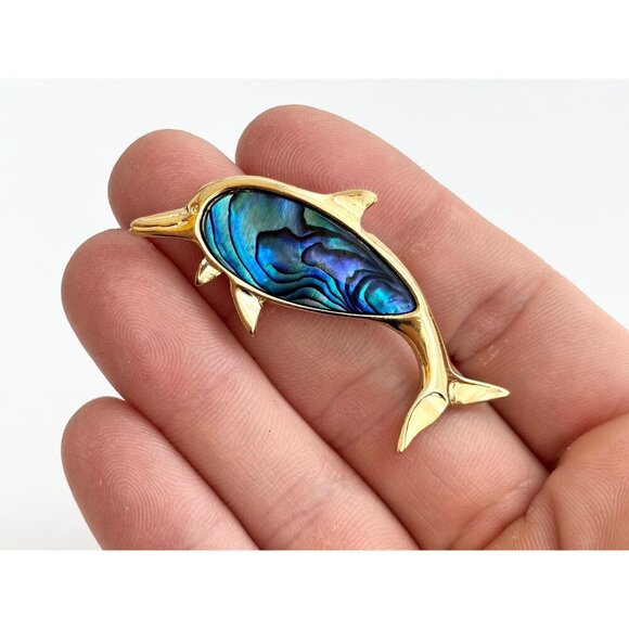 Dolphin Figural Faux Blue Abalone Gold Toned 90's Vintage Lapel Brooch Pin - Picture 8 of 10